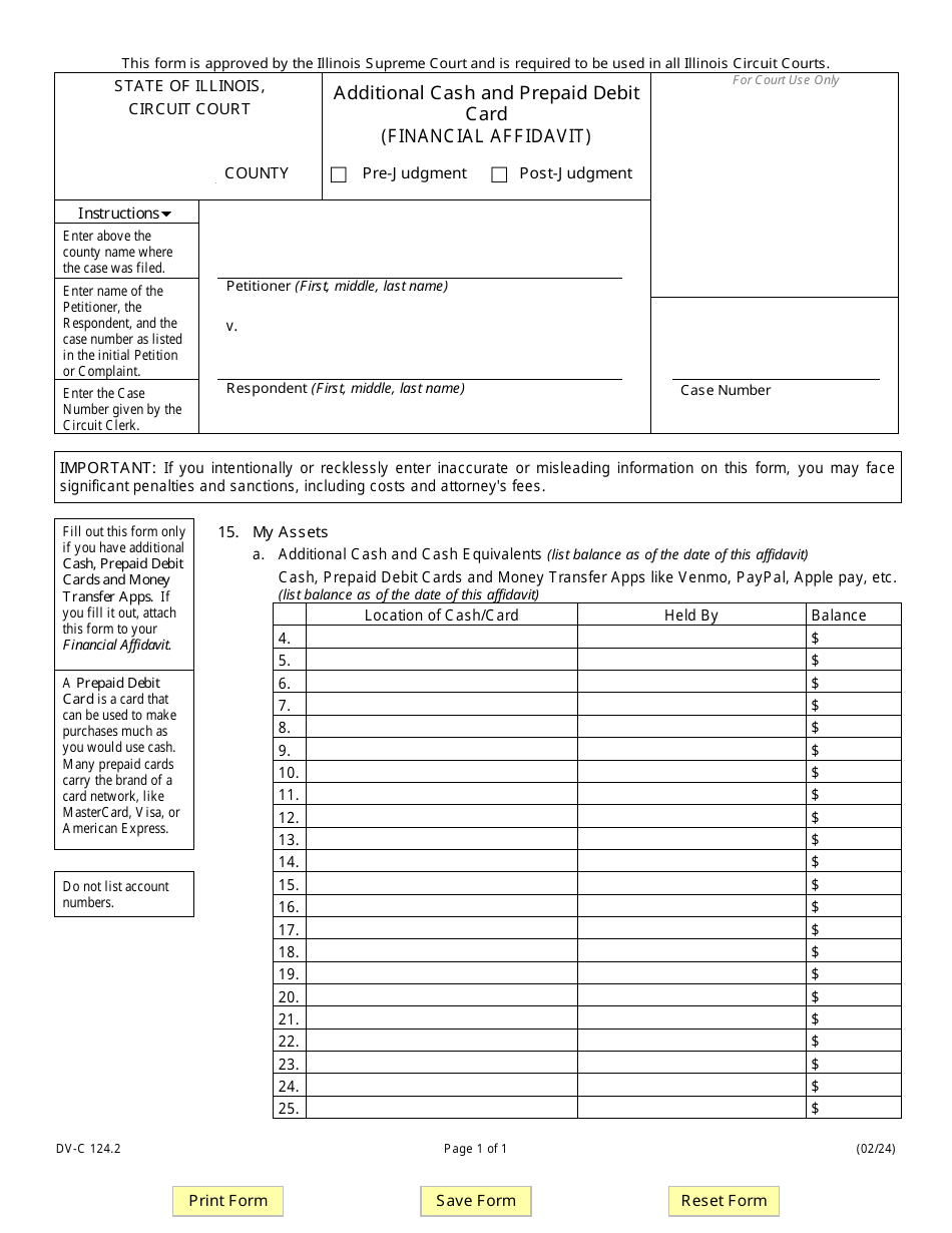 Form DV-C124.2 Additional Cash and Prepaid Debit Card (Financial Affidavit) - Illinois, Page 1