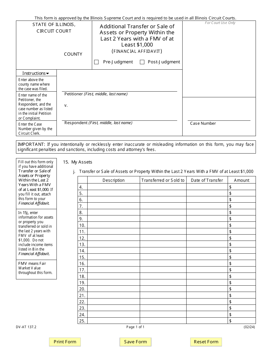 Form DV-AT137.2 Additional Transfer or Sale of Assets or Property Within the Last 2 Years With a Fmv of at Least $1,000 (Financial Affidavit) - Illinois, Page 1