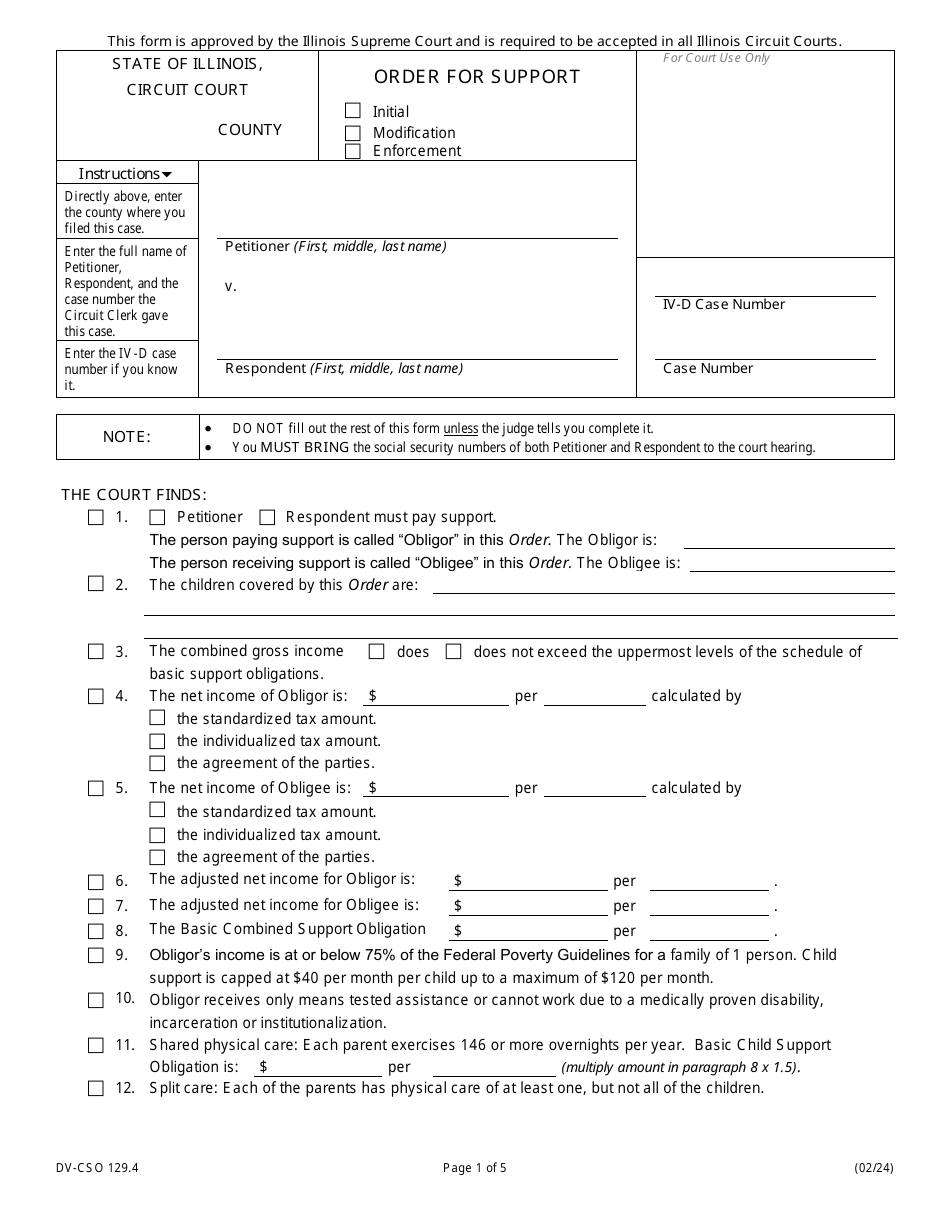 Form DV-CSO129.4 Order for Support - Illinois, Page 1