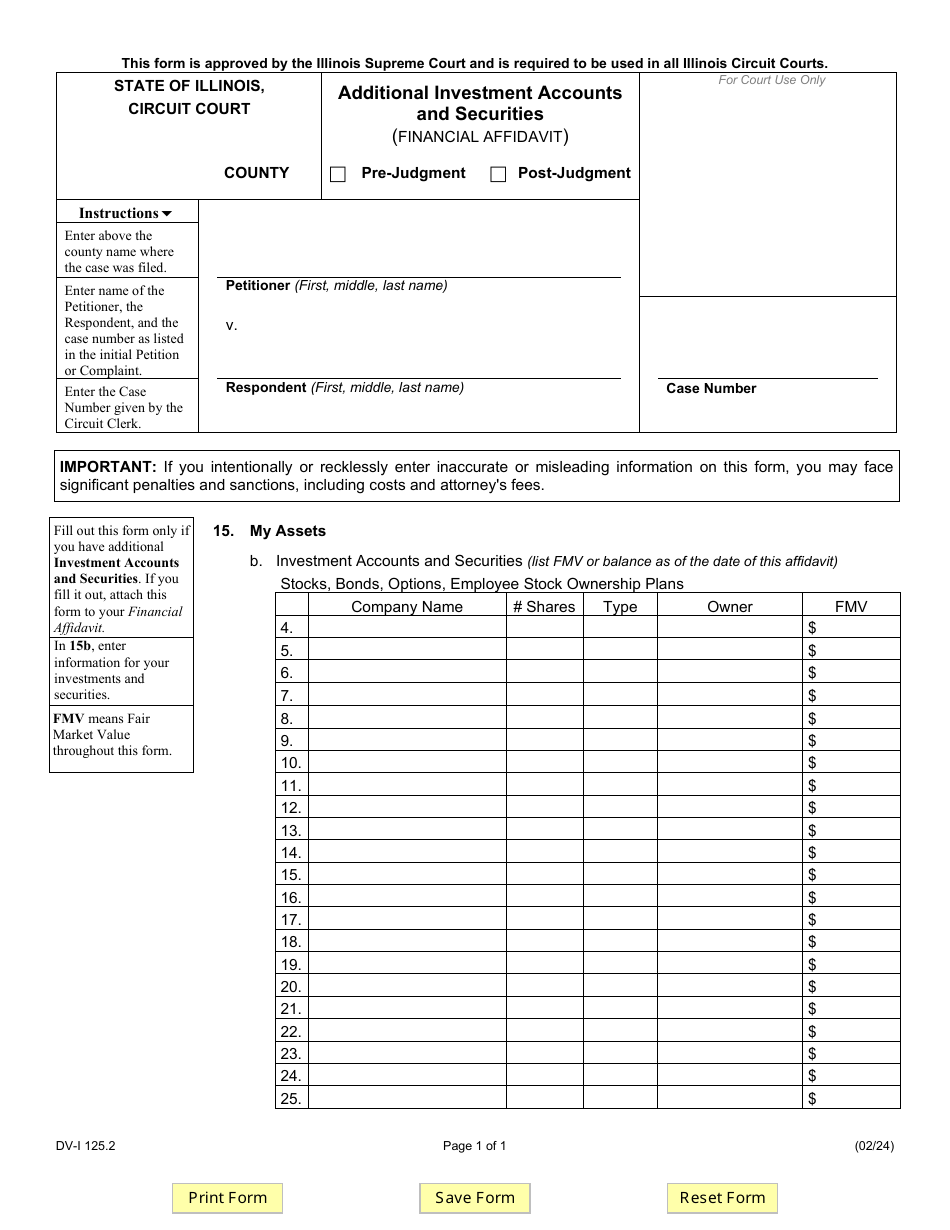 Form DV-I125.2 Additional Investment Accounts and Securities (Financial Affidavit) - Illinois, Page 1