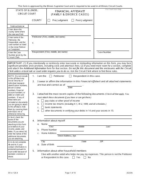 Form DV-A120.4 Financial Affidavit (Family and Divorce Cases) - Illinois