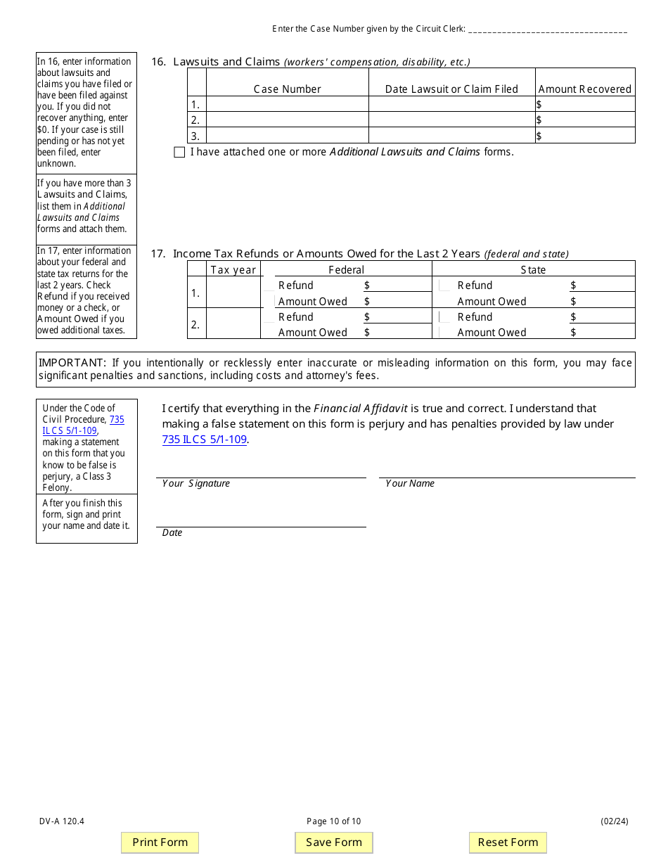 Form DV-A120.4 Financial Affidavit (Family and Divorce Cases) - Illinois, Page 10