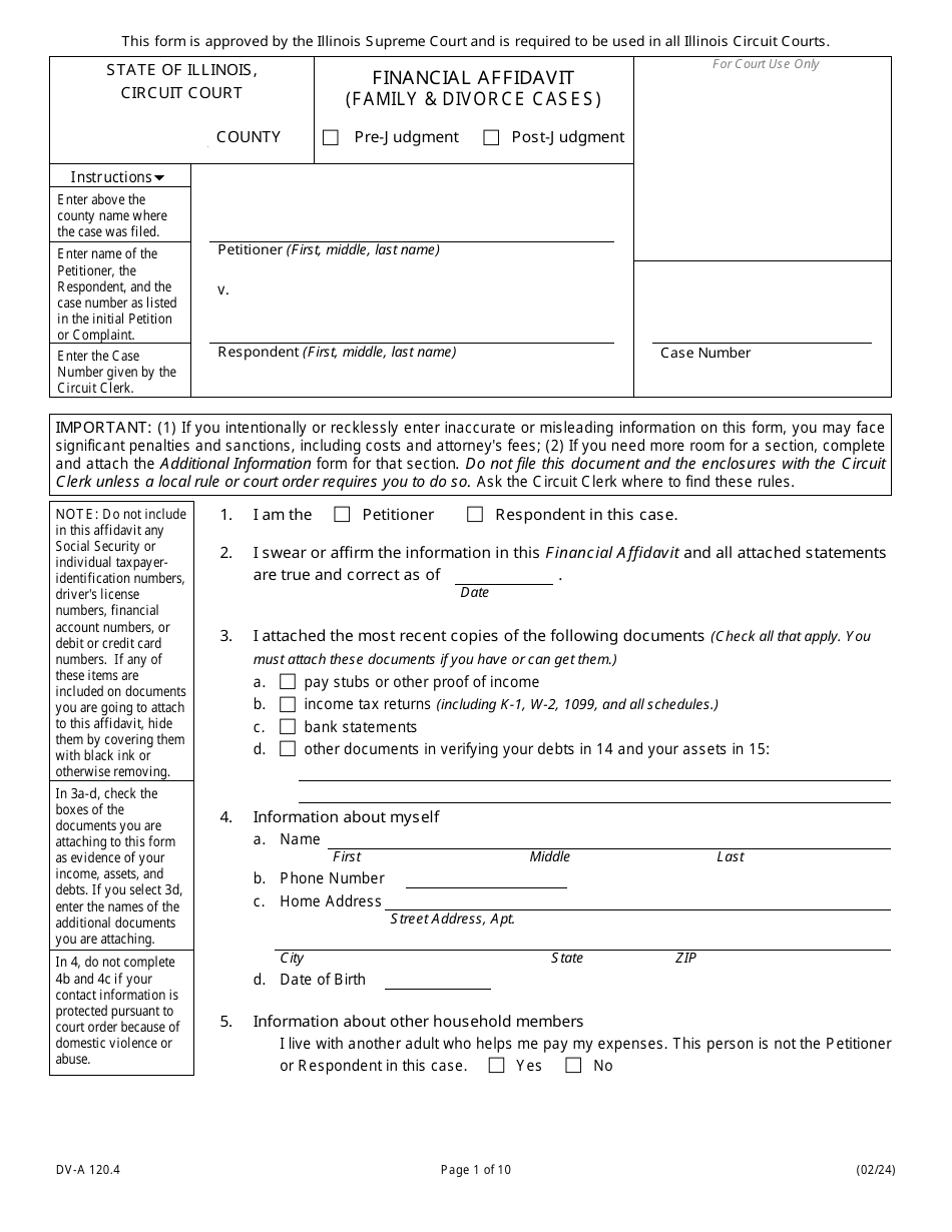 Form DV-A120.4 Financial Affidavit (Family and Divorce Cases) - Illinois, Page 1