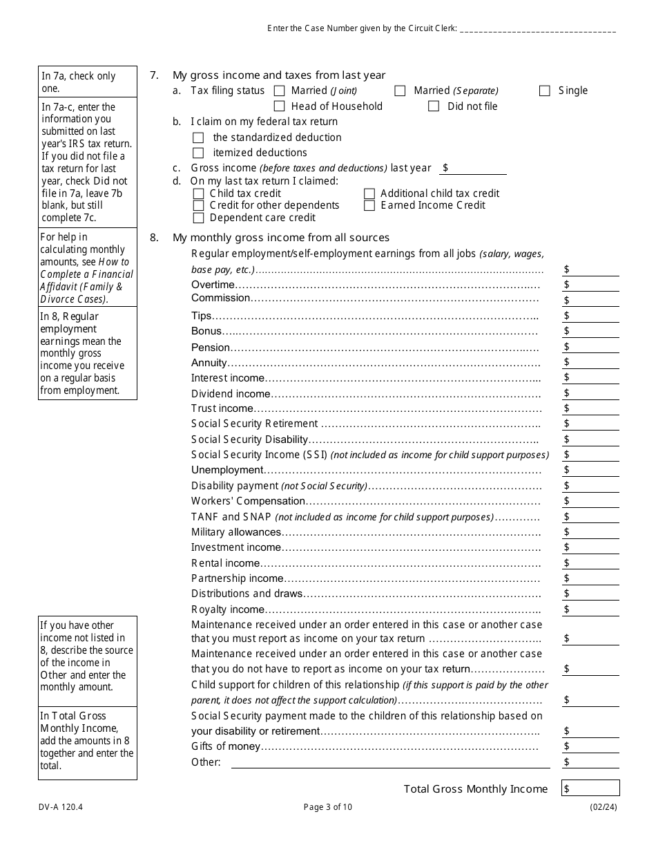 Form DV-A120.4 Financial Affidavit (Family and Divorce Cases) - Illinois, Page 3