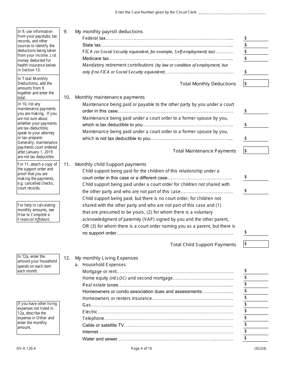 Form DV-A120.4 Financial Affidavit (Family and Divorce Cases) - Illinois, Page 4