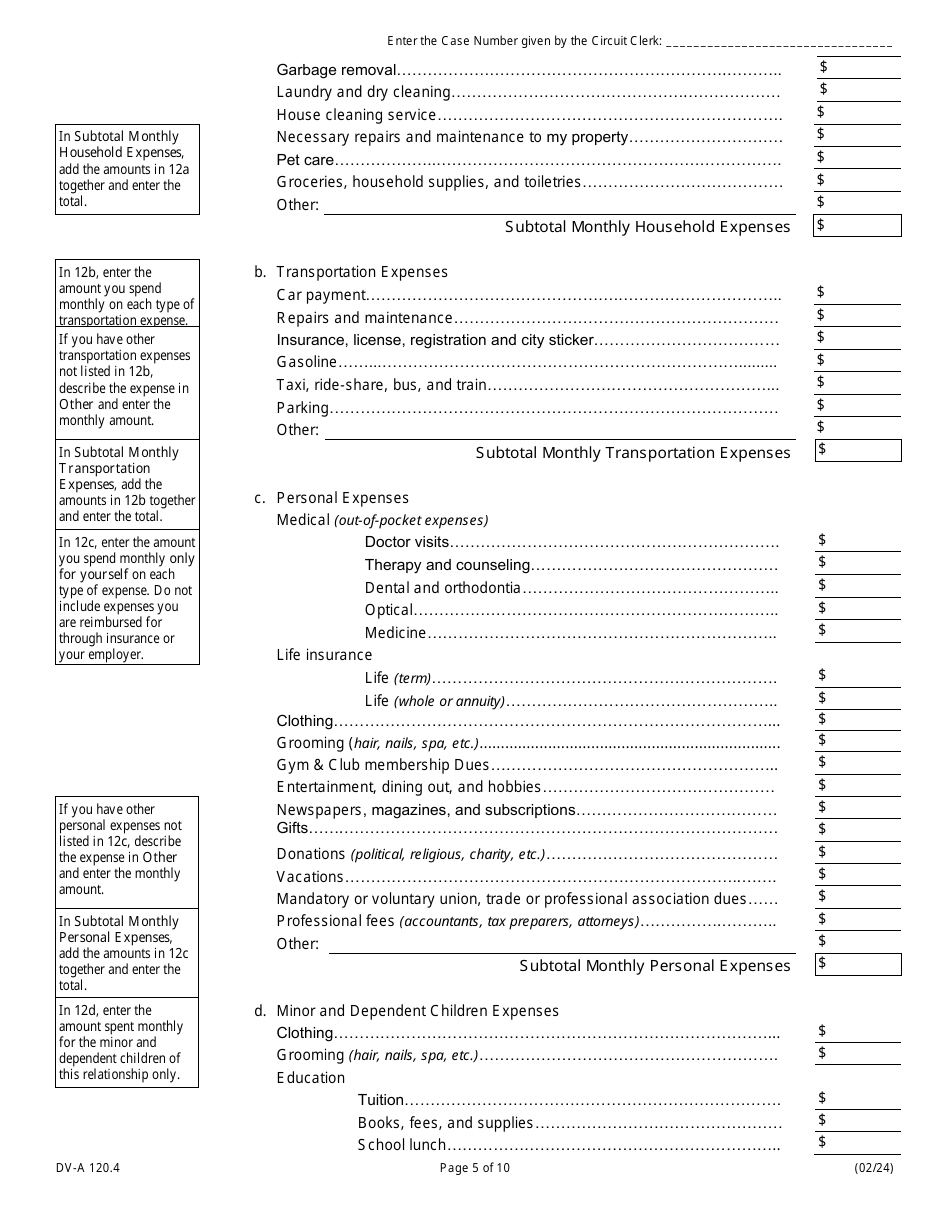 Form DV-A120.4 Financial Affidavit (Family and Divorce Cases) - Illinois, Page 5