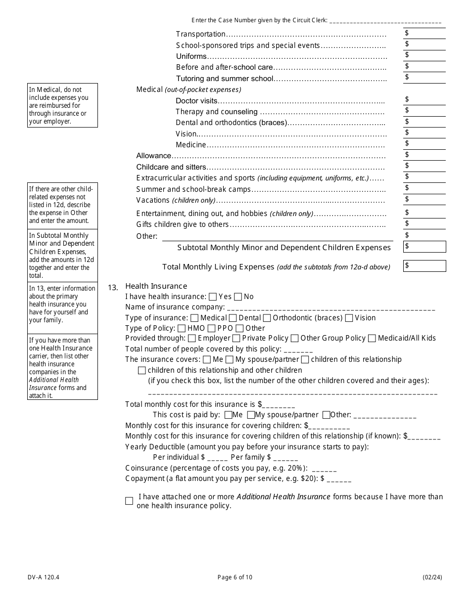 Form DV-A120.4 Financial Affidavit (Family and Divorce Cases) - Illinois, Page 6