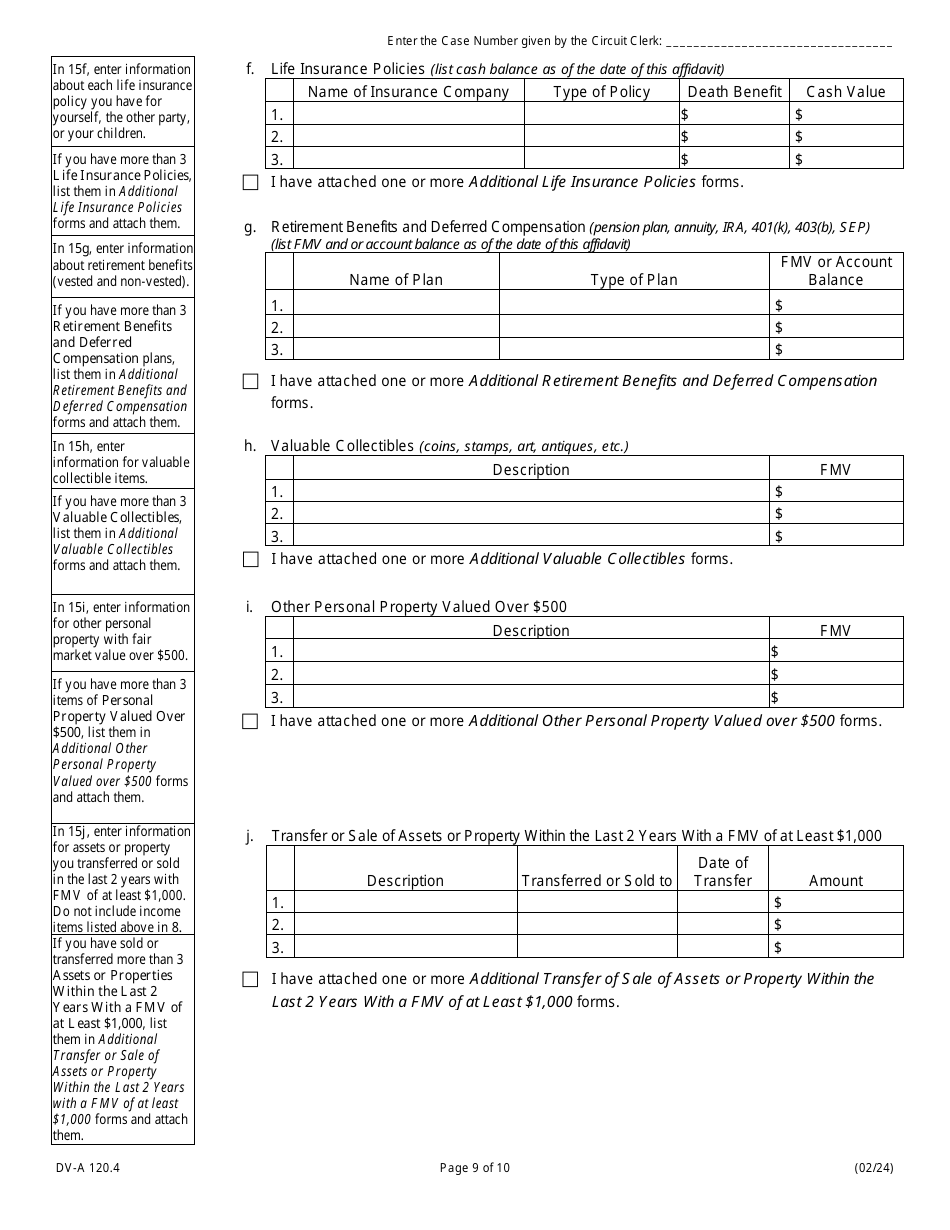Form DV-A120.4 Financial Affidavit (Family and Divorce Cases) - Illinois, Page 9