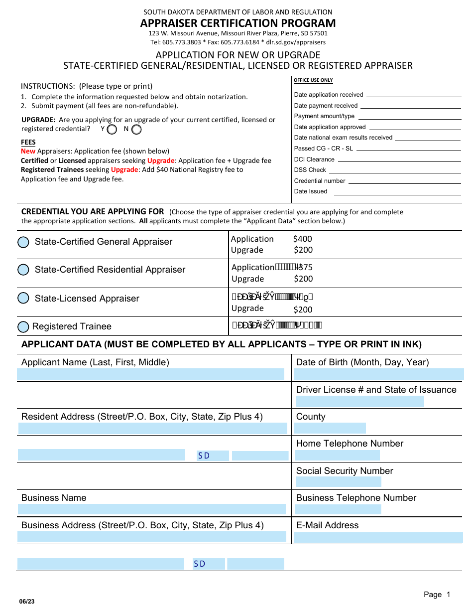 Application for New or Upgrade State-Certified General / Residential, Licensed or Registered Appraiser - Appraiser Certification Program - South Dakota, Page 1