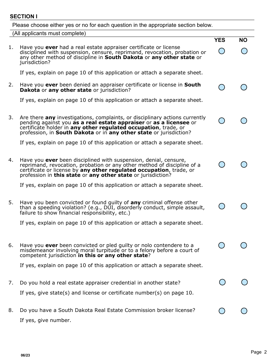Application for New or Upgrade State-Certified General / Residential, Licensed or Registered Appraiser - Appraiser Certification Program - South Dakota, Page 2