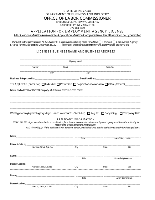 Application for Employment Agency License - Nevada