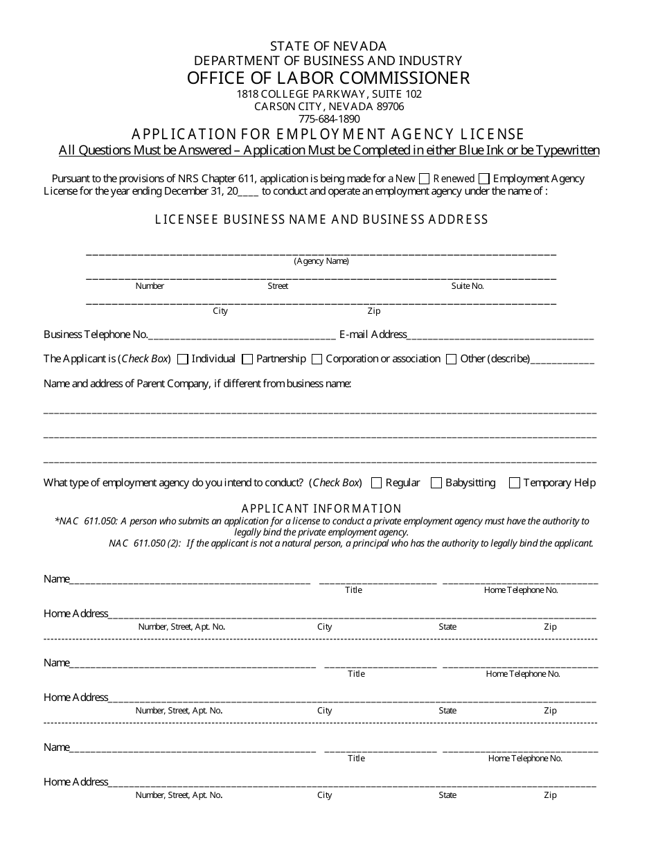 Application for Employment Agency License - Nevada, Page 1