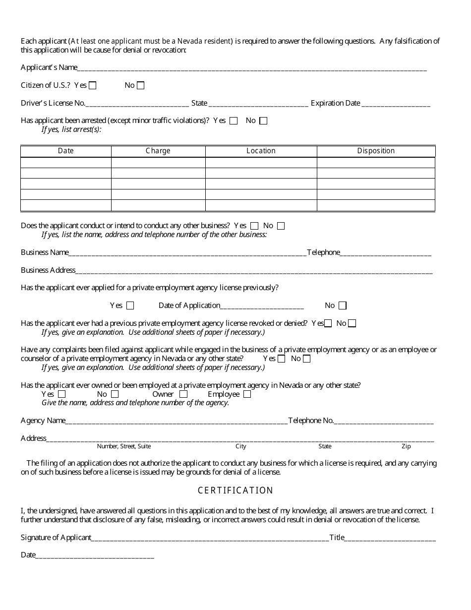 Application for Employment Agency License - Nevada, Page 2