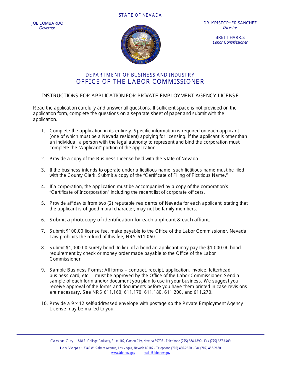 Instructions for Application for Employment Agency License - Nevada, Page 1