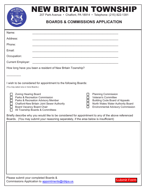 Boards and Commissions Application - New Britain Township, Pennsylvania Download Pdf