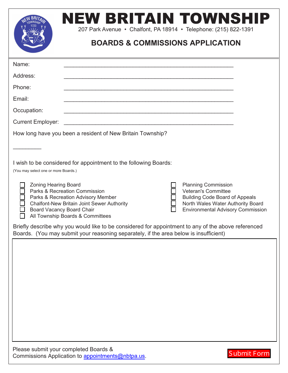 Boards and Commissions Application - New Britain Township, Pennsylvania, Page 1