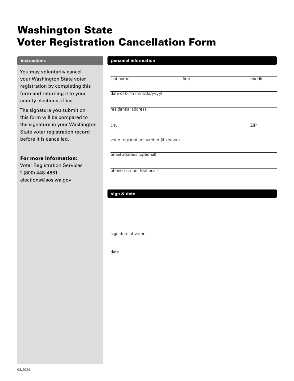 Voter Registration Cancellation Form - Washington, Page 1