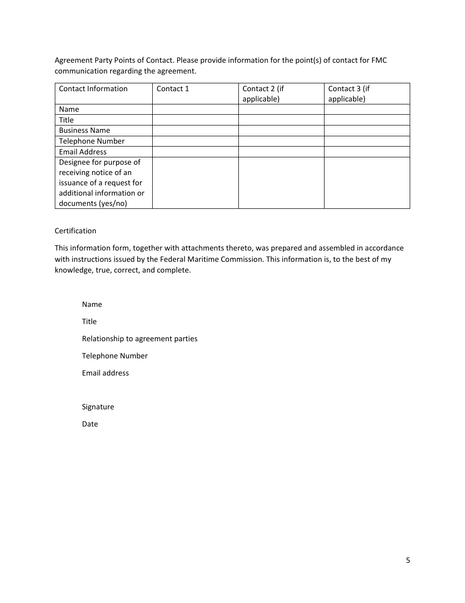 Form FMC-150 Information Form for Filed Agreements, Page 5
