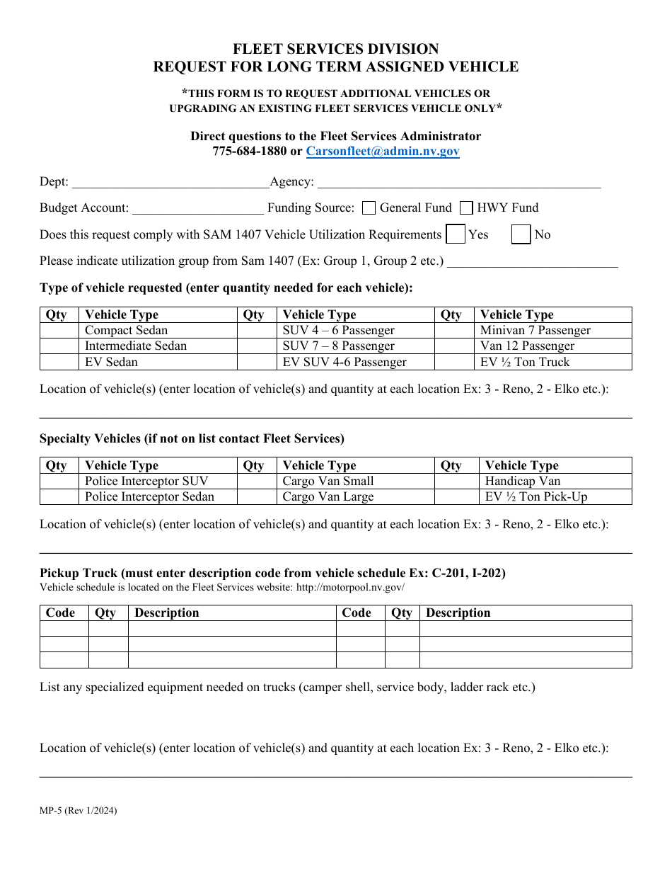 Form MP-5 Request for Long Term Assigned Vehicle - Nevada, Page 1