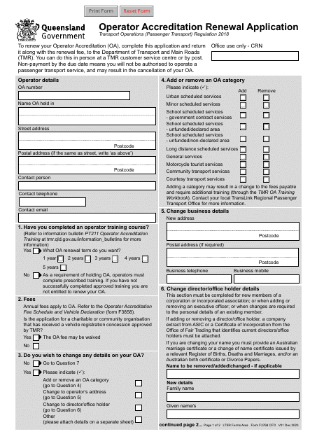 Form F2768 Operator Accreditation Renewal Application - Queensland, Australia