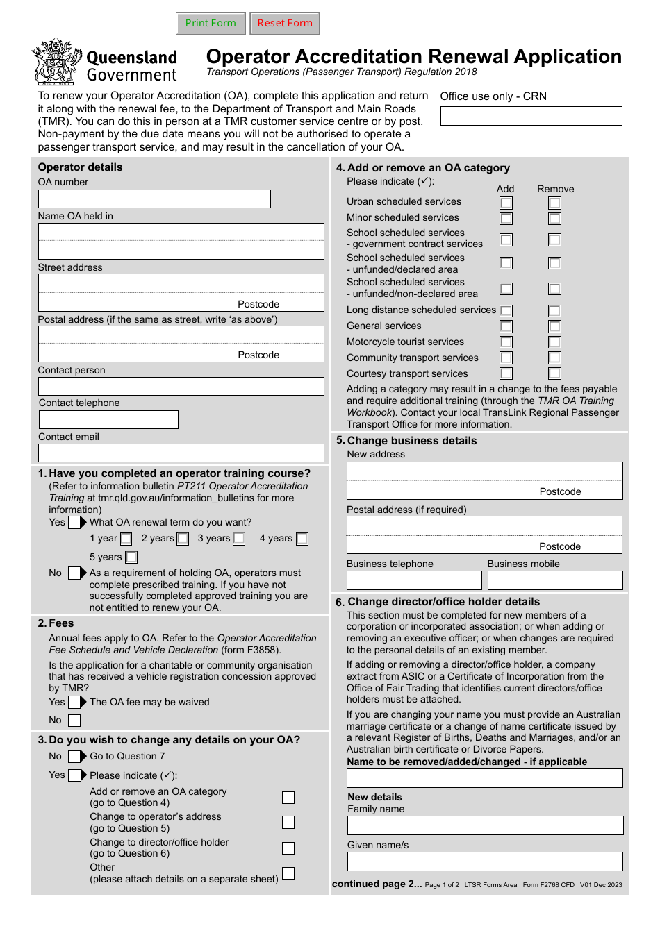 Form F2768 Operator Accreditation Renewal Application - Queensland, Australia, Page 1