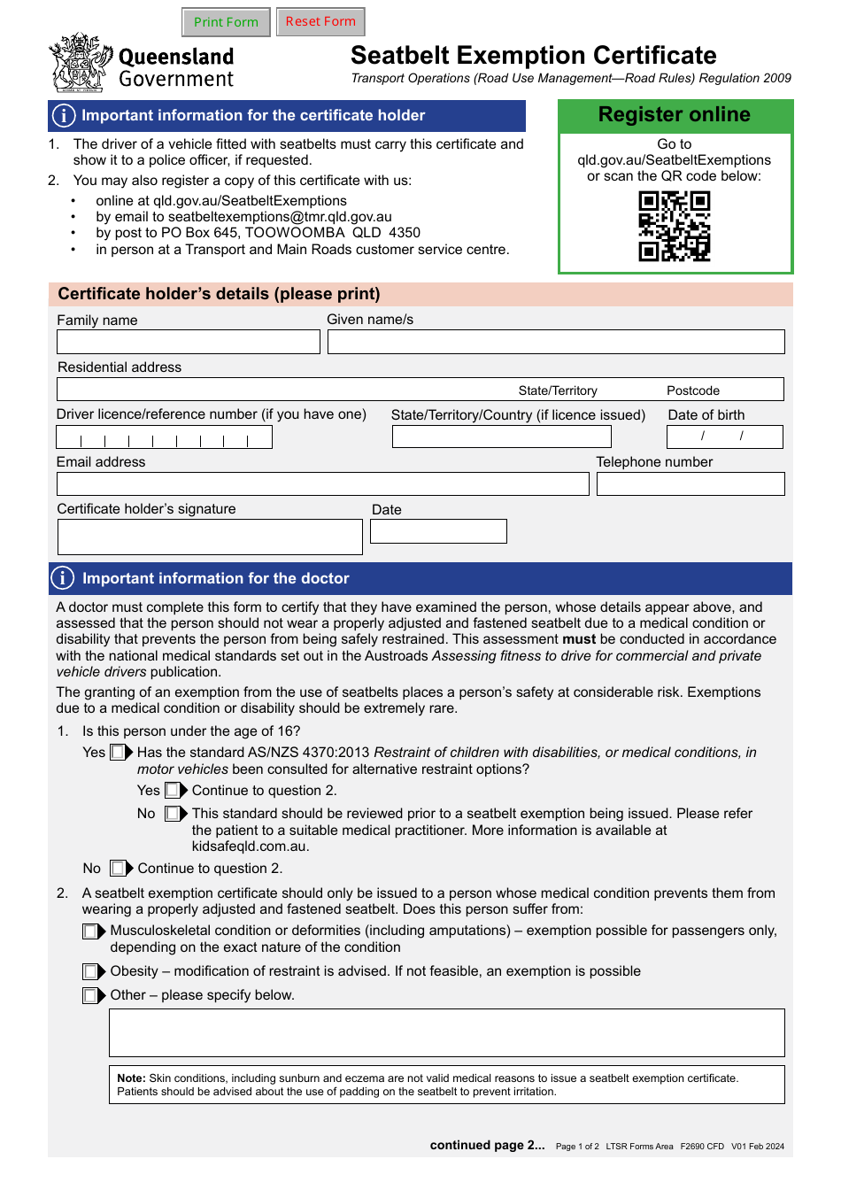 Form F2690 Download Fillable Pdf Or Fill Online Seatbelt Exemption Certificate Queensland 0515