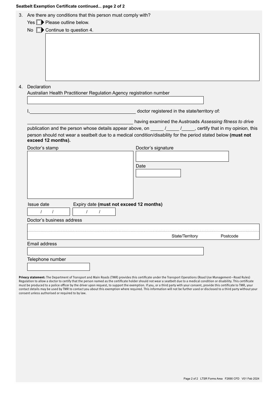 Form F2690 Seatbelt Exemption Certificate - Queensland, Australia, Page 3