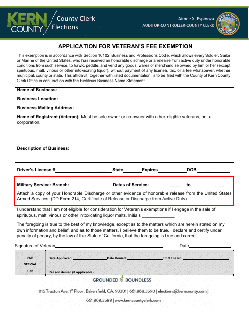 Application for Veteran's Fee Exemption - Kern County, California Download Pdf