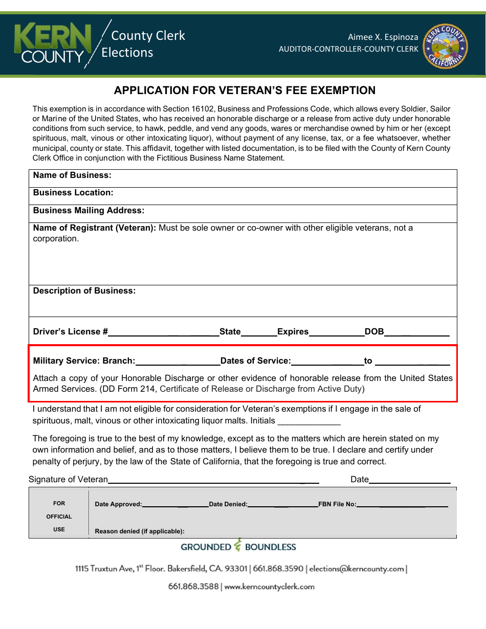 Application for Veterans Fee Exemption - Kern County, California, Page 1