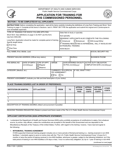 Form PHS-1122-1 Application for Training for Phs Commissioned Personnel