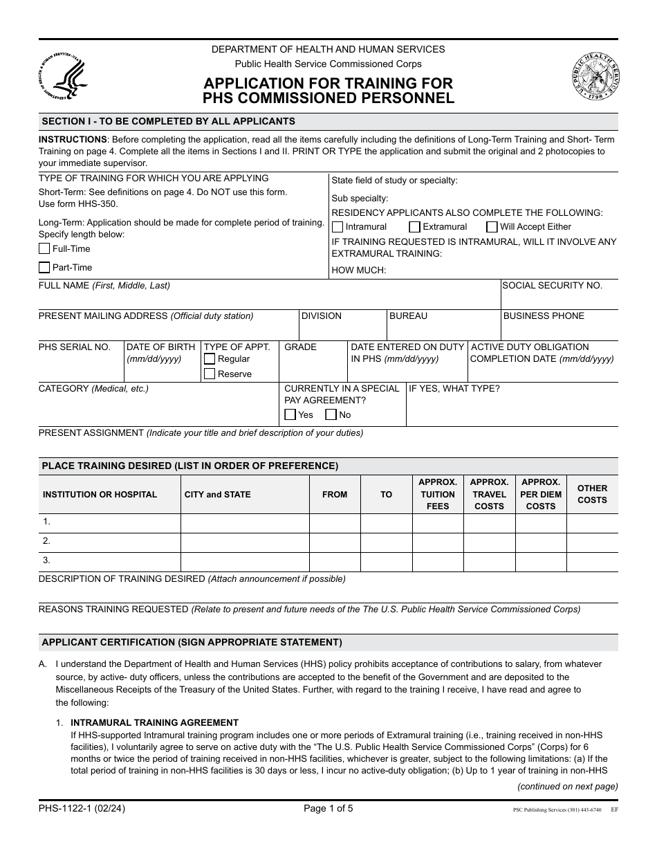 Form PHS-1122-1 Application for Training for Phs Commissioned Personnel, Page 1