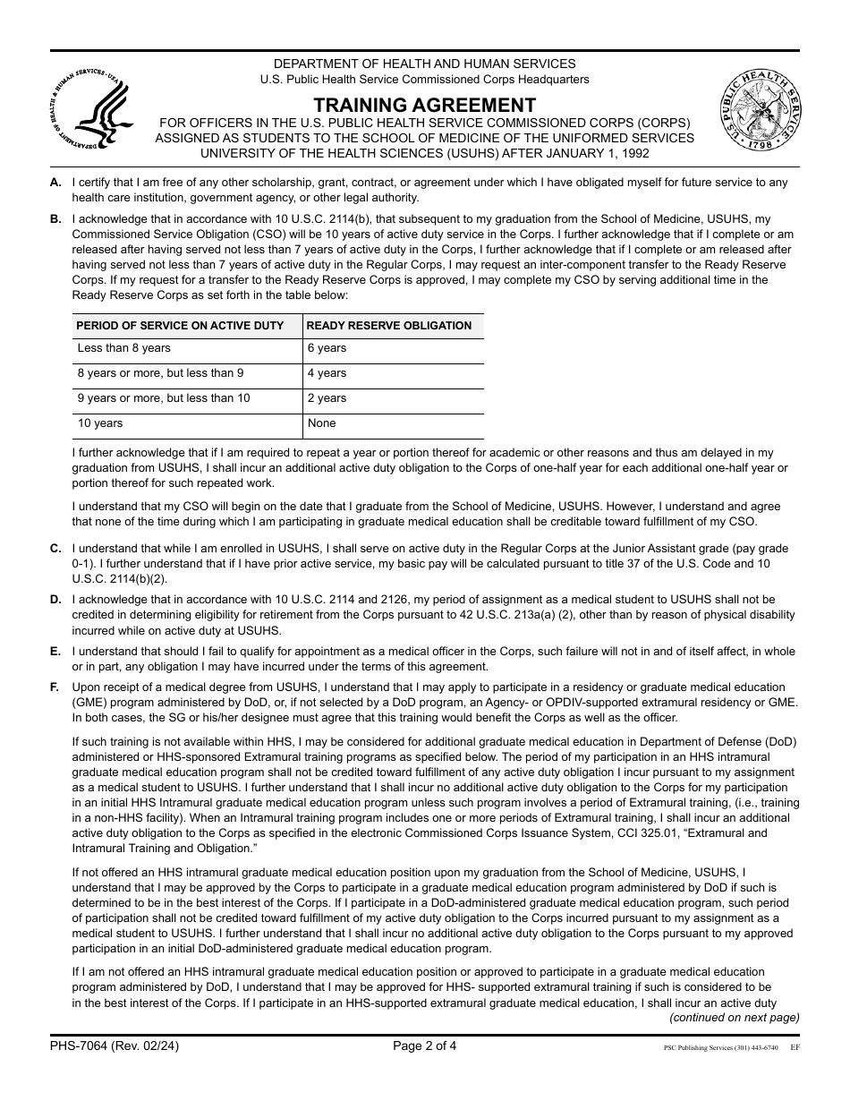 Form PHS-7064 Training Agreement, Page 2