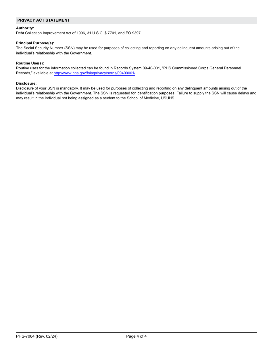 Form PHS-7064 Training Agreement, Page 4