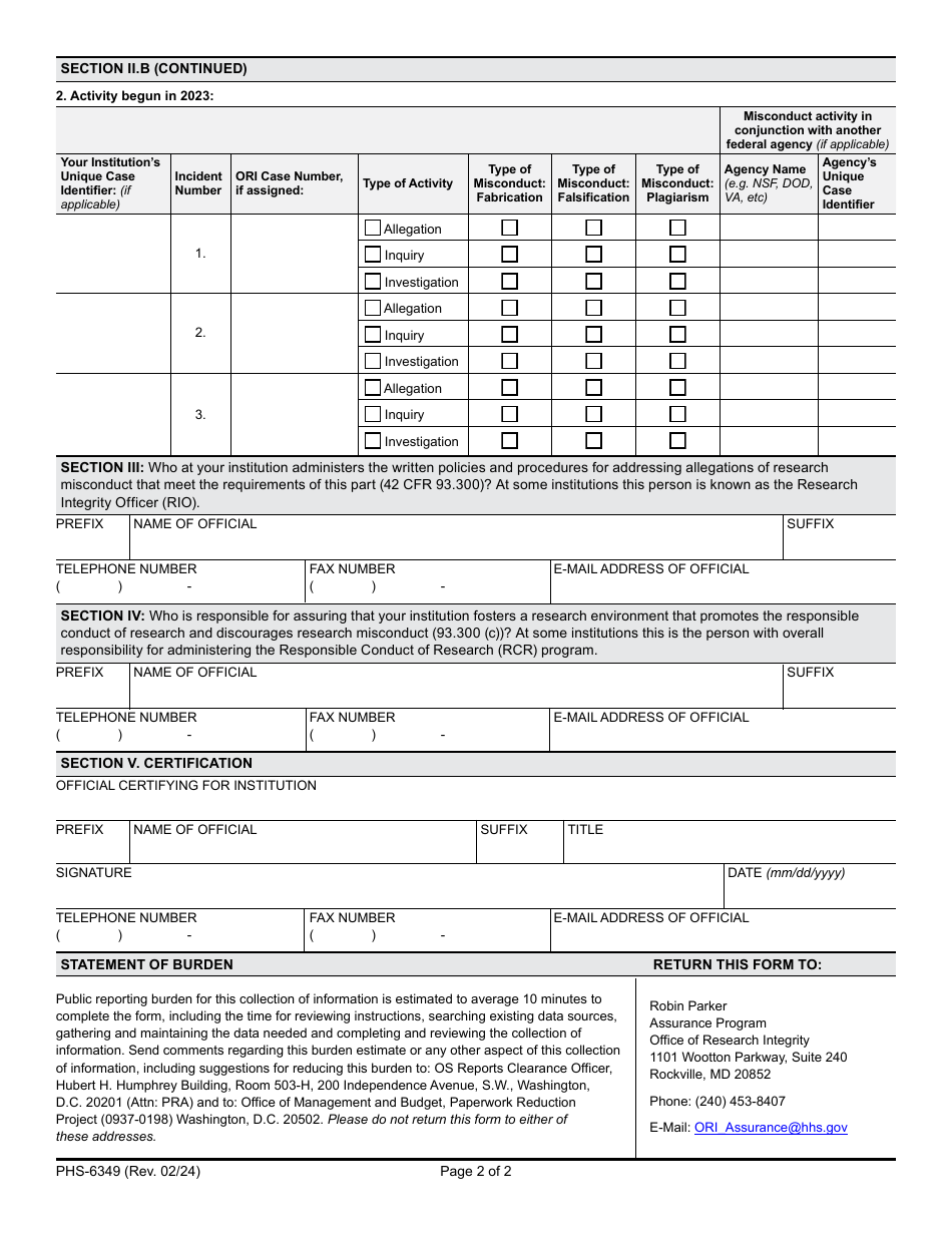 Form PHS-6349 Institutional Assurance and Annual Report on Possible Research Misconduct, Page 2