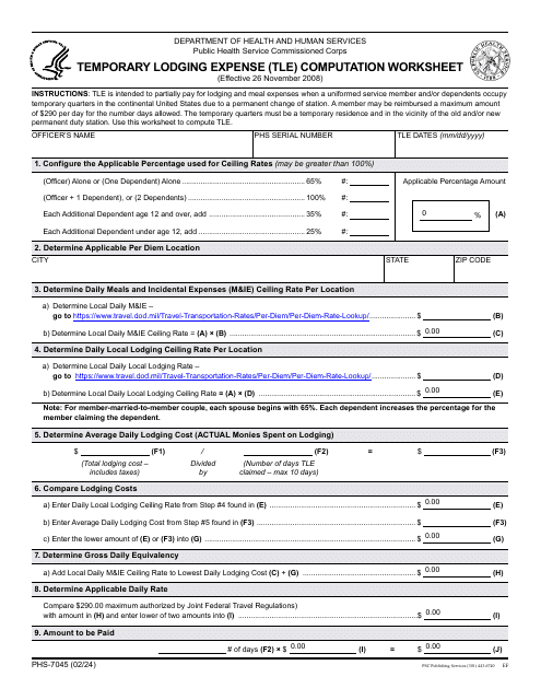 Form PHS-7045 Temporary Lodging Expense (Tle) Computation Worksheet