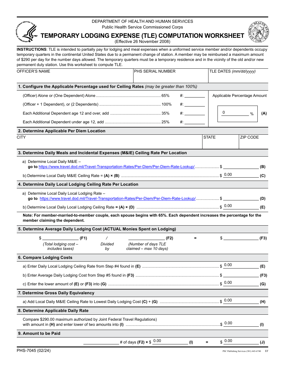 Form PHS-7045 Temporary Lodging Expense (Tle) Computation Worksheet, Page 1