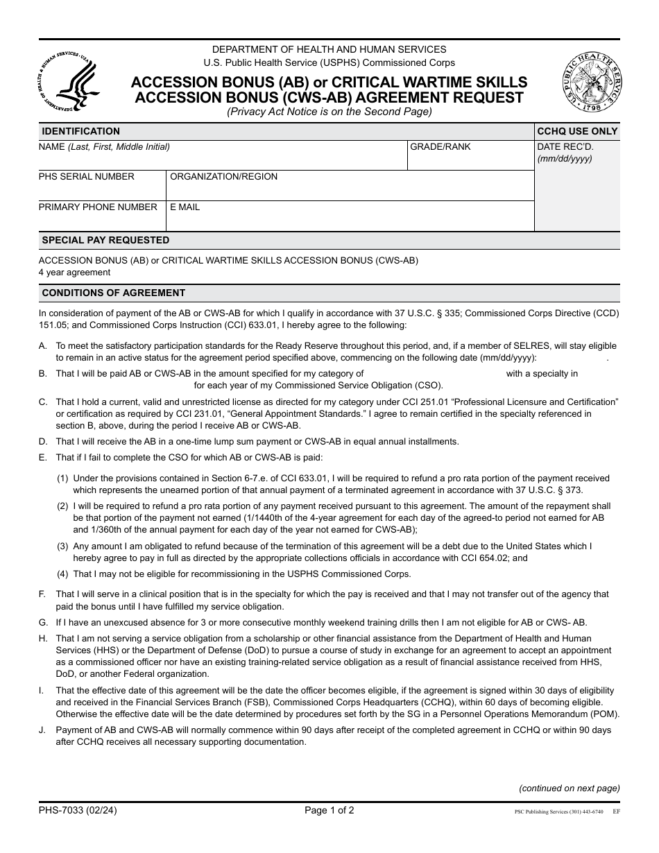 Form PHS-7033 Accession Bonus (AB) or Critical Wartime Skills Accession Bonus (Cws-AB) Agreement Request, Page 1