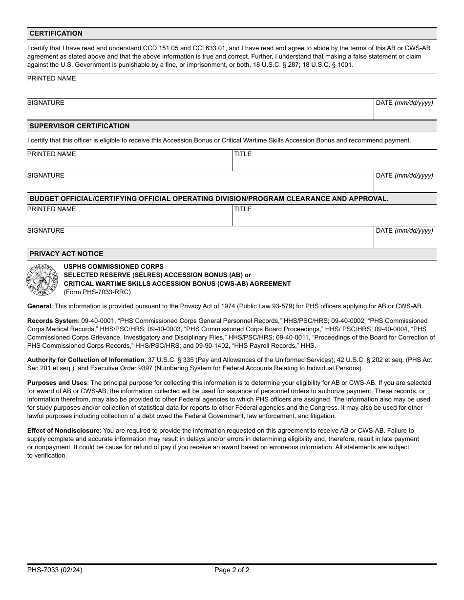Form PHS-7033 Accession Bonus (AB) or Critical Wartime Skills Accession Bonus (Cws-AB) Agreement Request, Page 2
