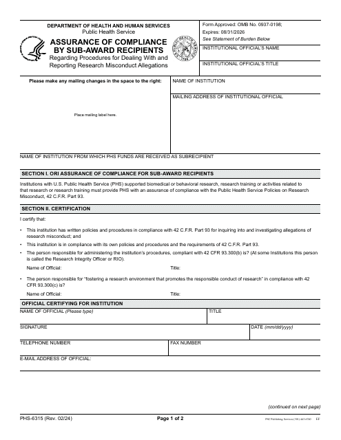 Form PHS-6315 Assurance of Compliance by Sub-award Recipients