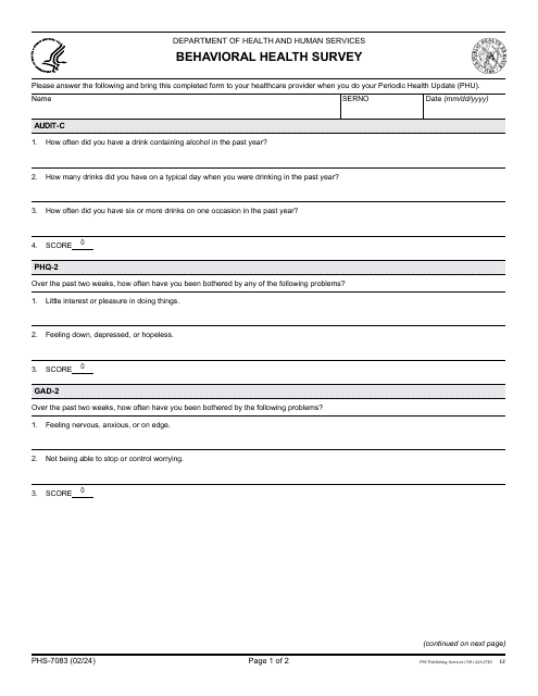 Form PHS-7083 Behavioral Health Survey