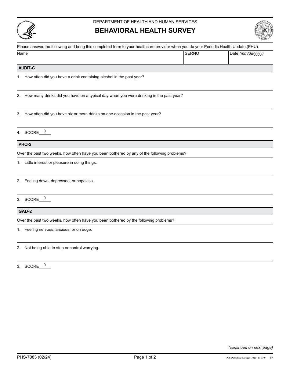 Form PHS-7083 Behavioral Health Survey, Page 1