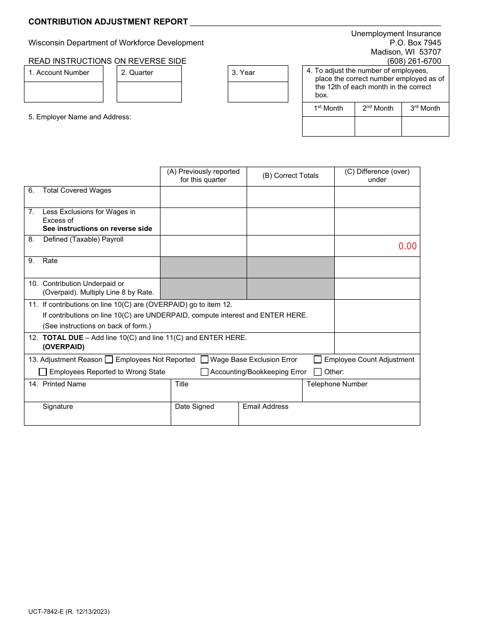Form UCT-7842-E Contribution Adjustment Report - Wisconsin, Page 1