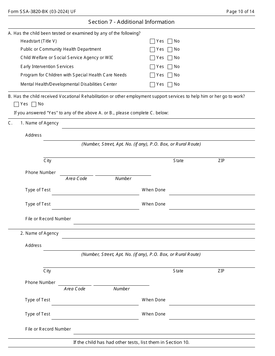 Form SSA-3820-BK Disability Report - Child, Page 10