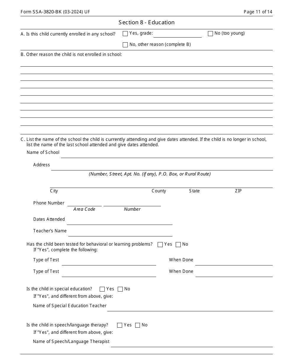 Form SSA-3820-BK Disability Report - Child, Page 11