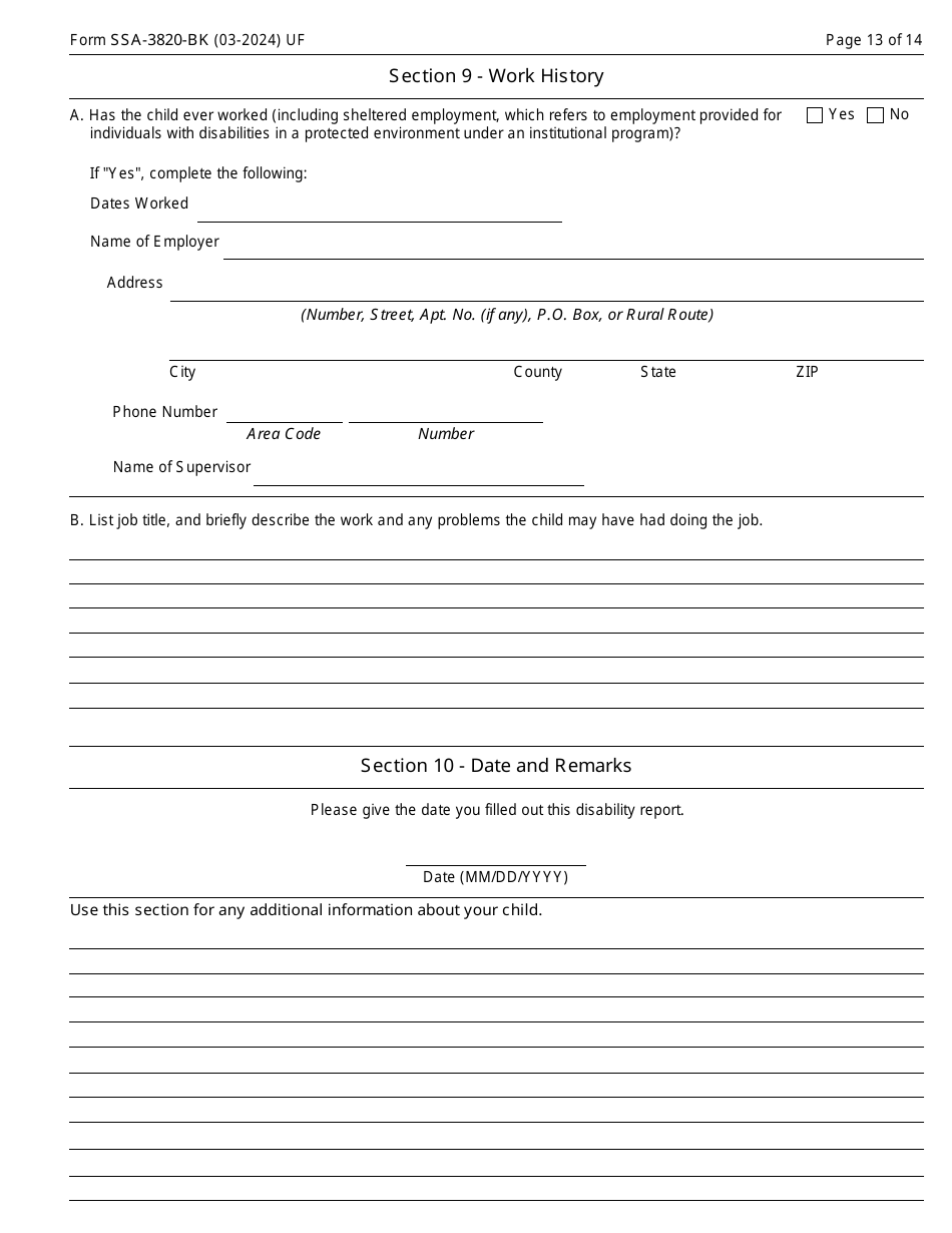 Form SSA-3820-BK Disability Report - Child, Page 13