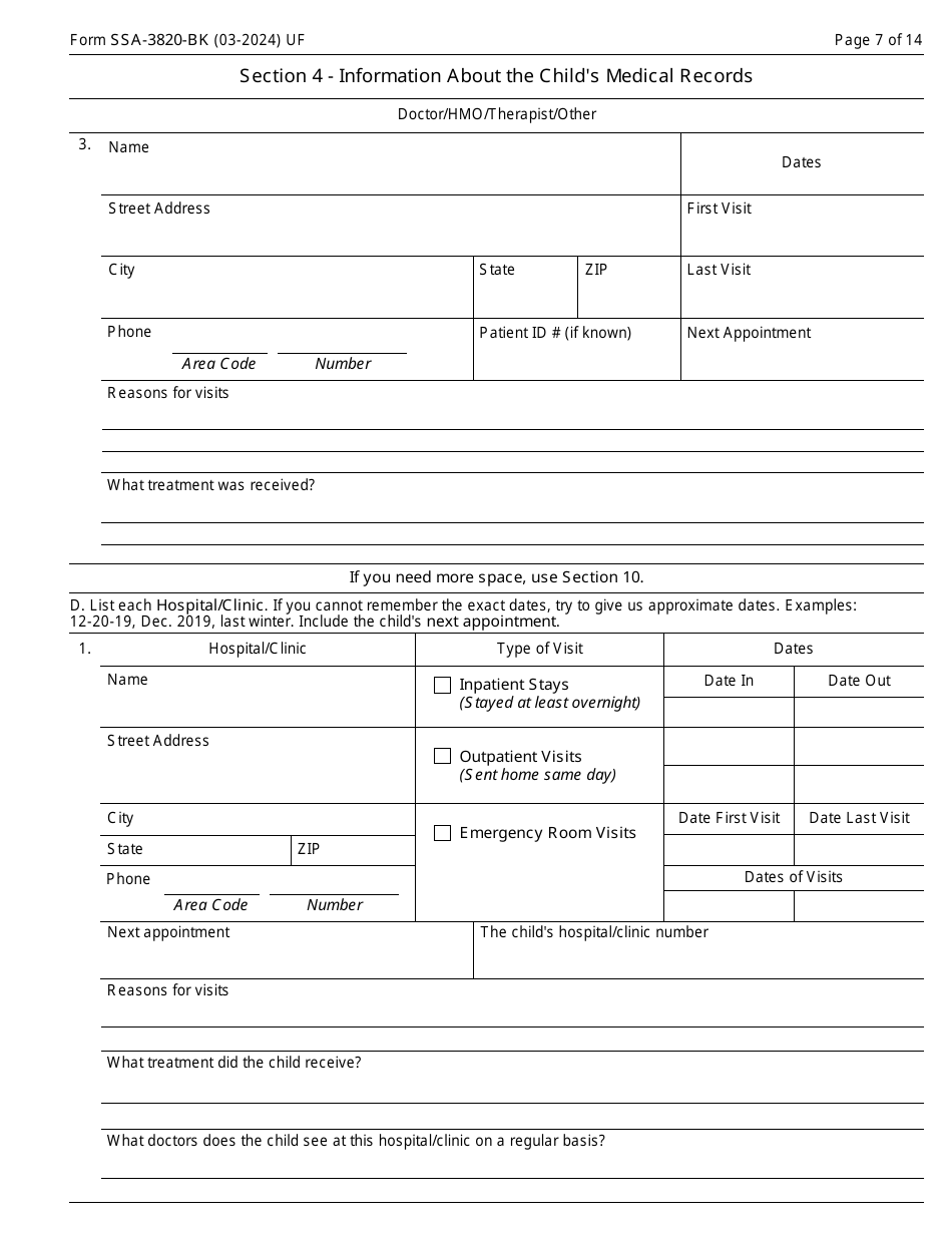 Form SSA-3820-BK Disability Report - Child, Page 7