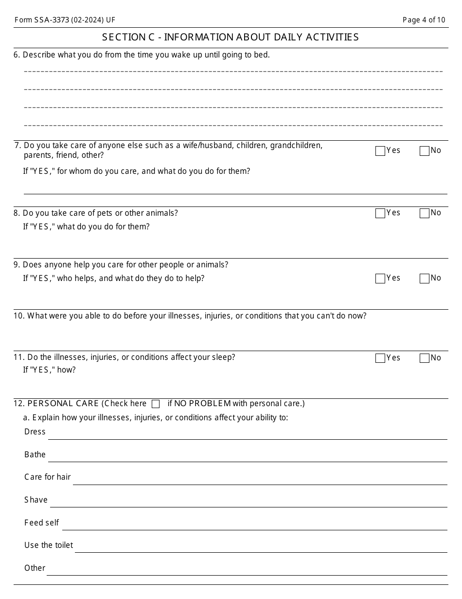 Form SSA-3373 Download Fillable PDF or Fill Online Function Report ...