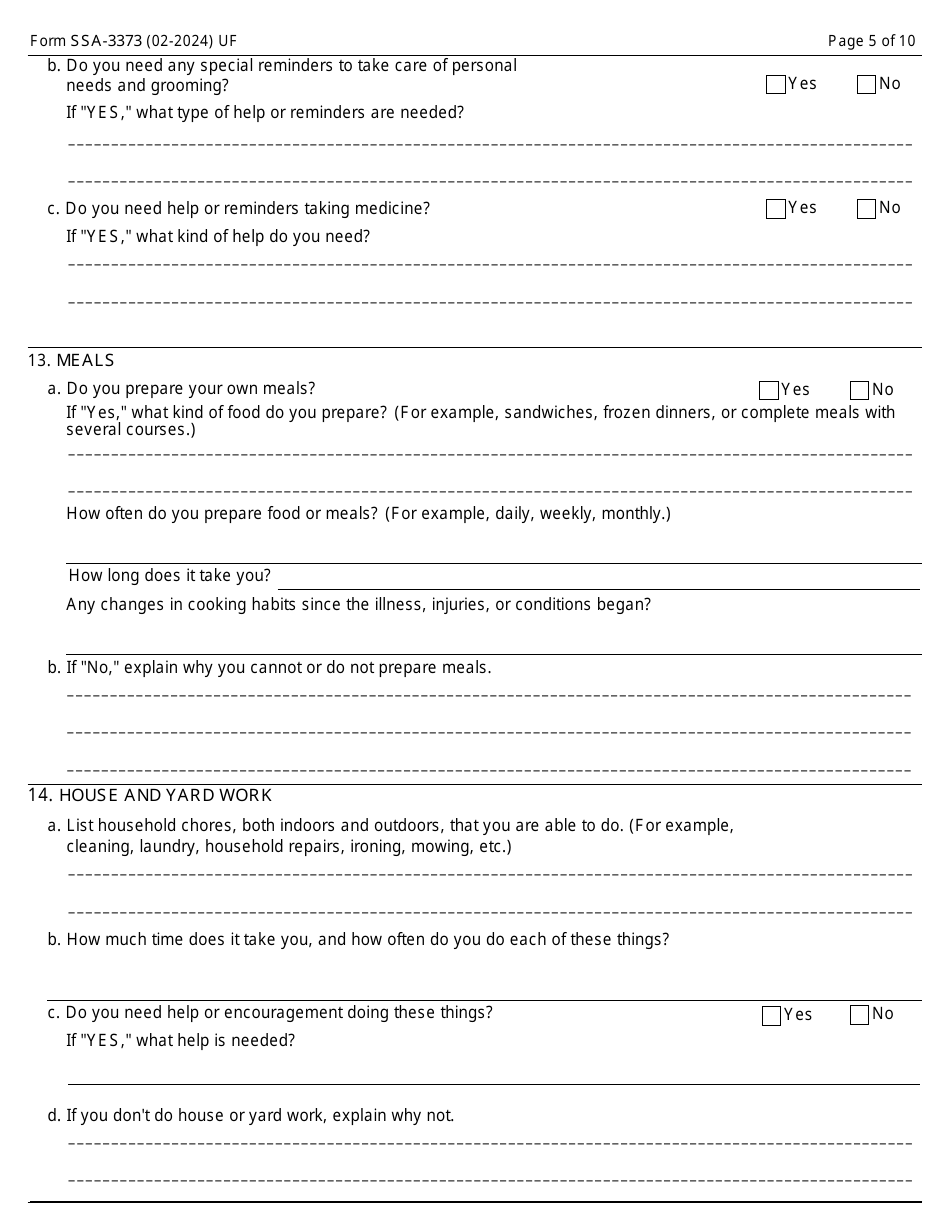 Form SSA-3373 Function Report - Adult, Page 5