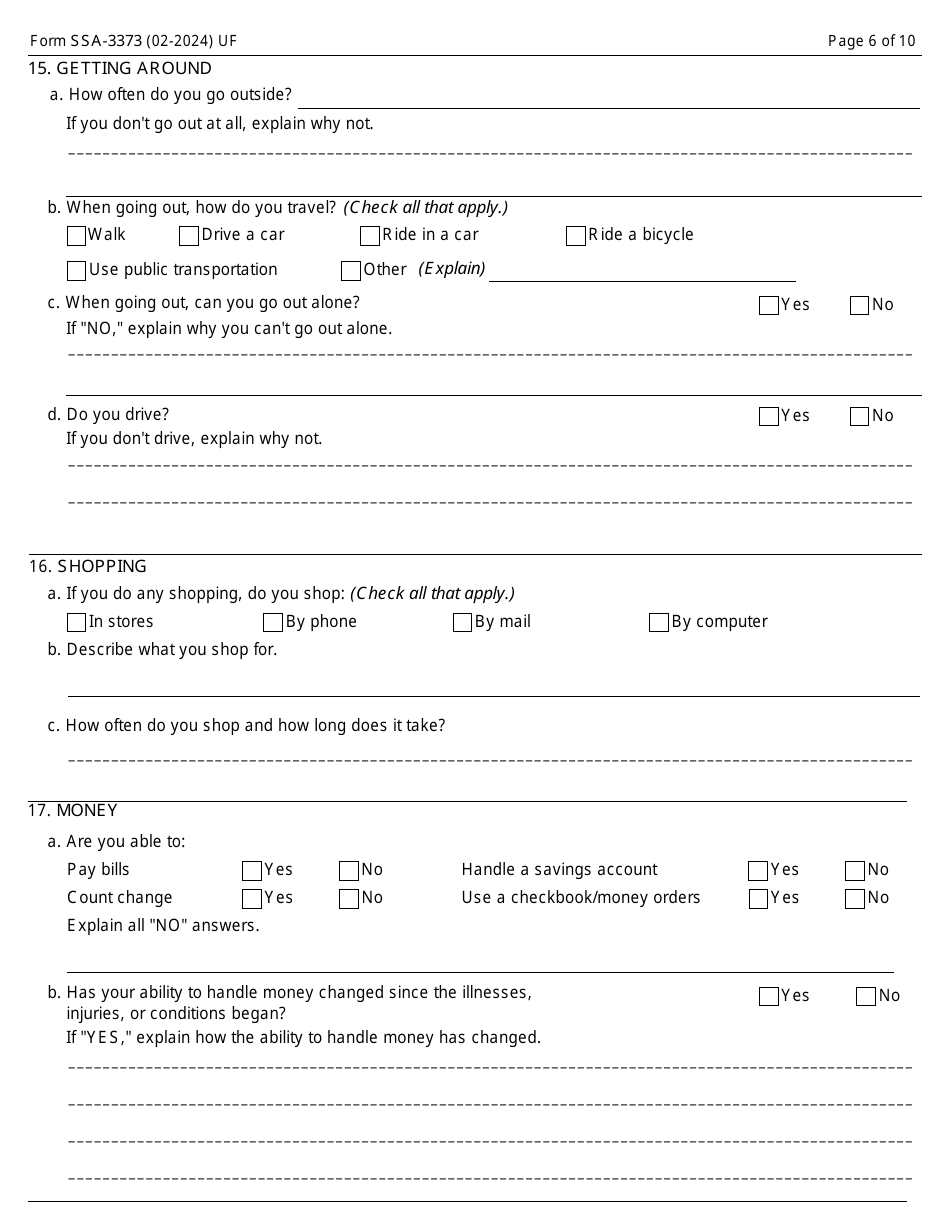 Form SSA-3373 Function Report - Adult, Page 6