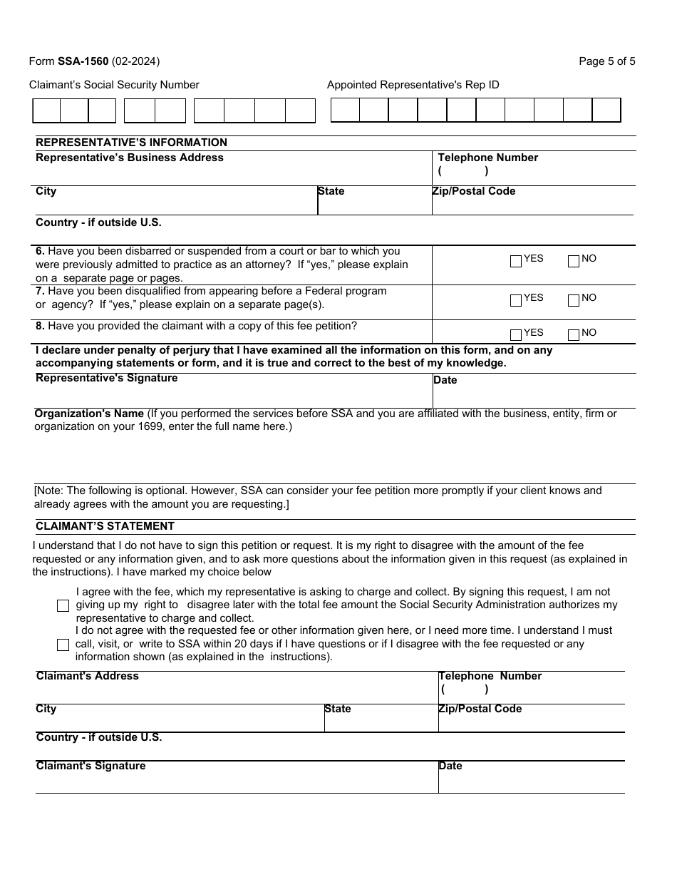 Form SSA-1560 Petition for Authorization to Charge and Collect a Fee for Services Before the Social Security Administration, Page 5